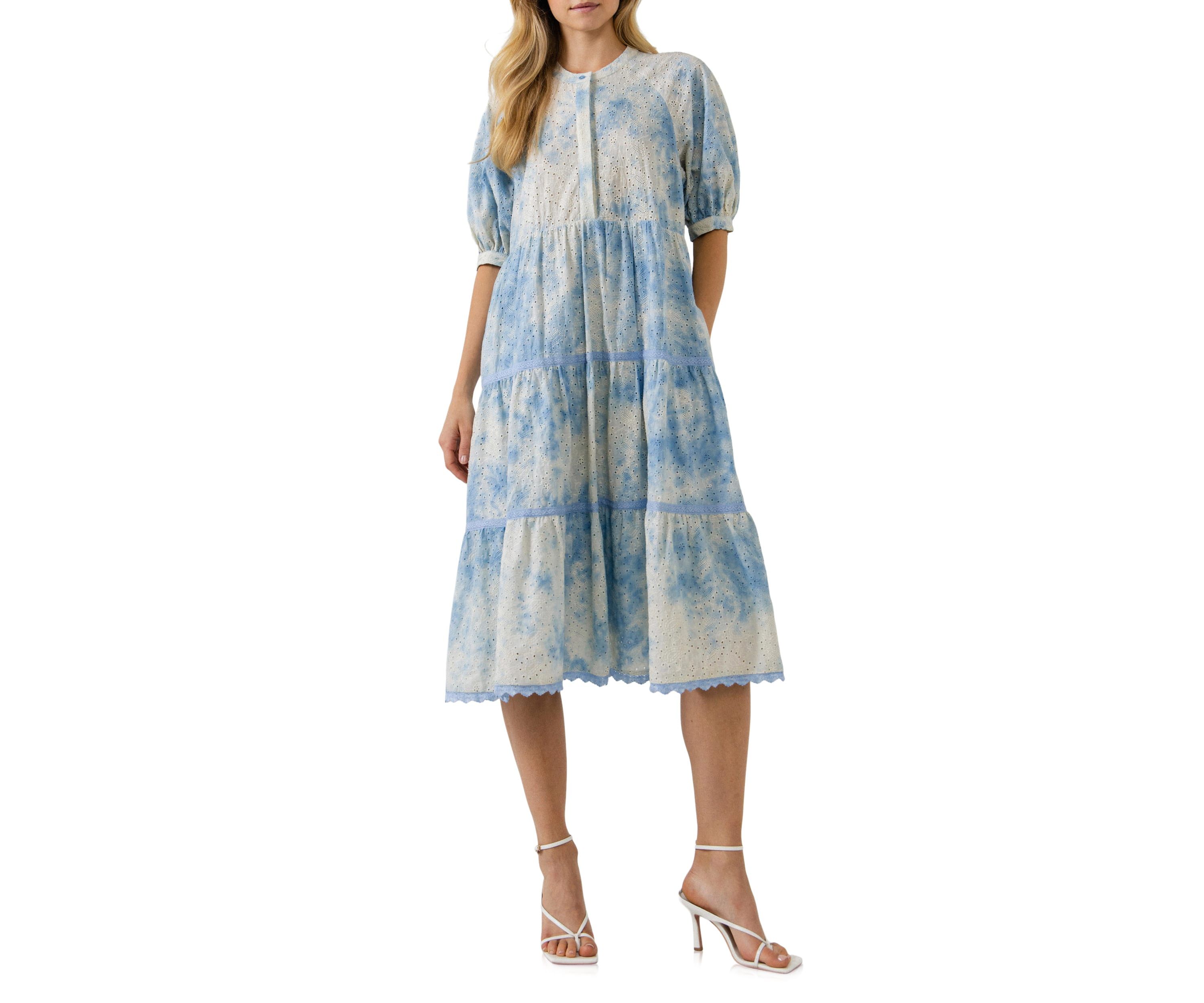 Paisely Eyelet Midi Dress with Tie-dye Effect