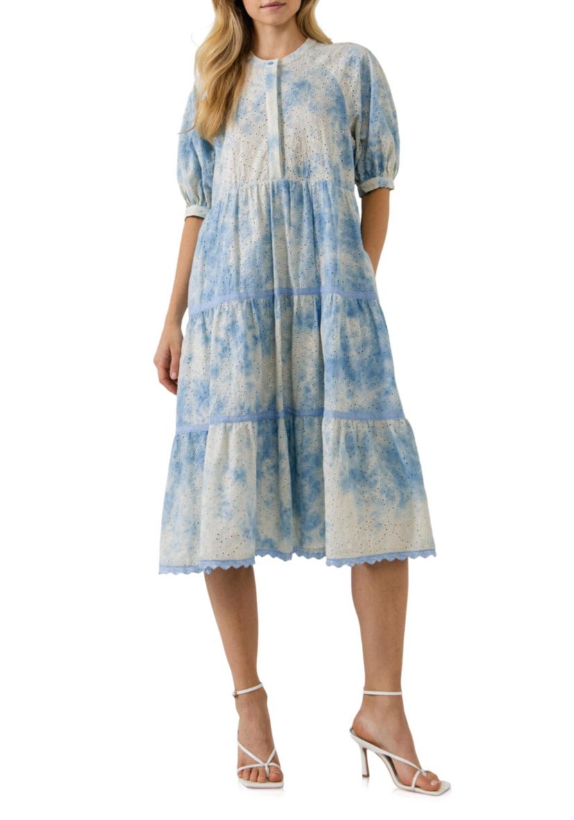 Paisely Eyelet Midi Dress with Tie-dye Effect