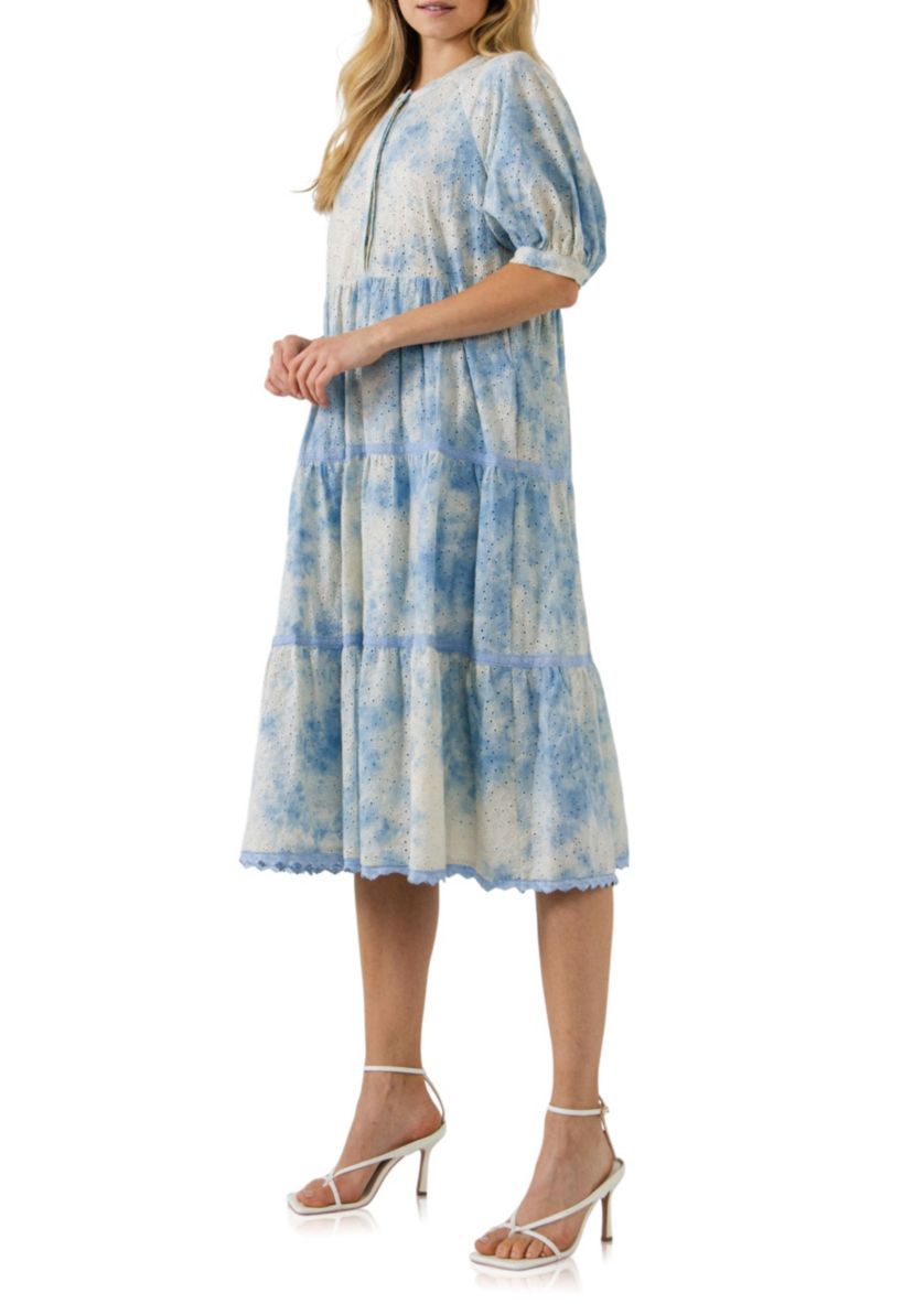 Paisely Eyelet Midi Dress with Tie-dye Effect