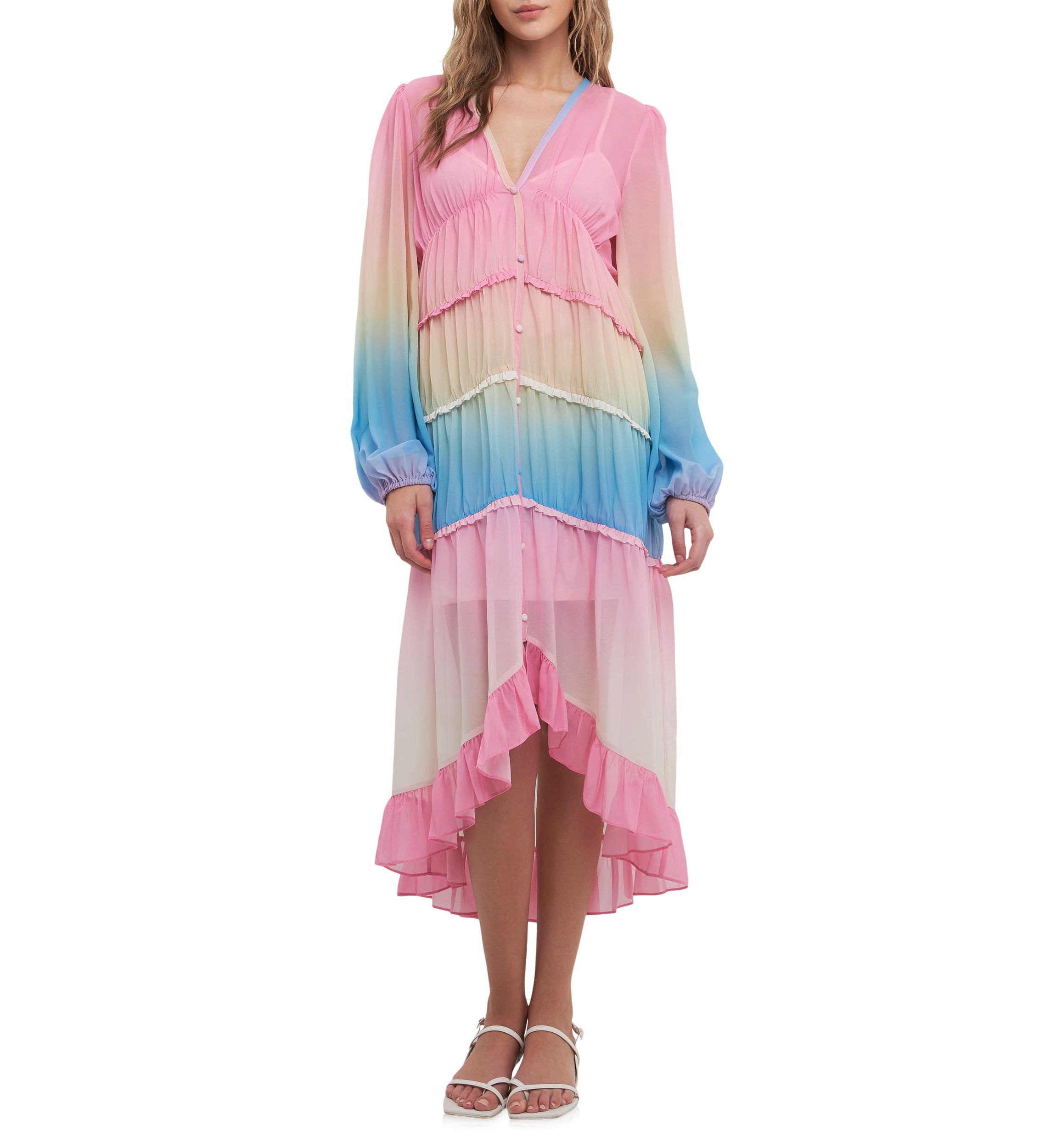 TIe Dye Print Ruffle High-Low Dress