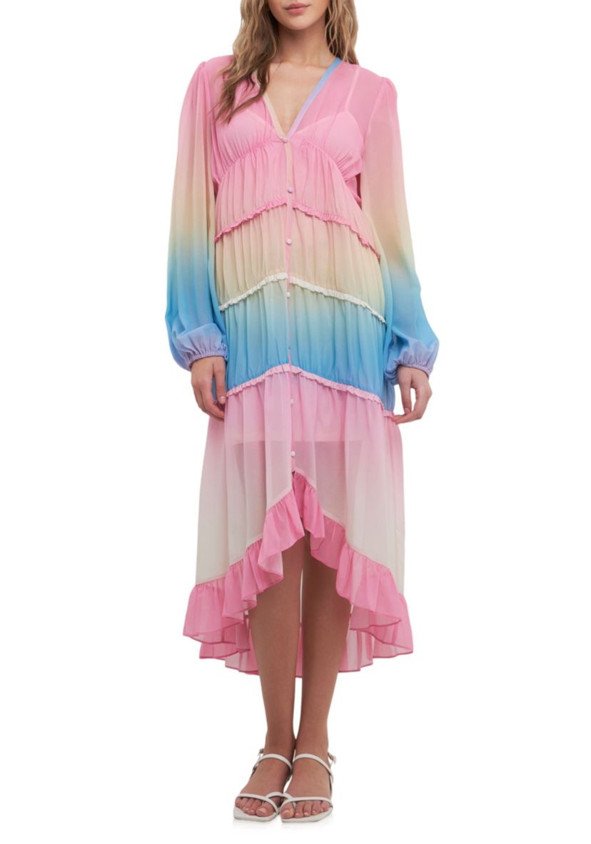 TIe Dye Print Ruffle High-Low Dress