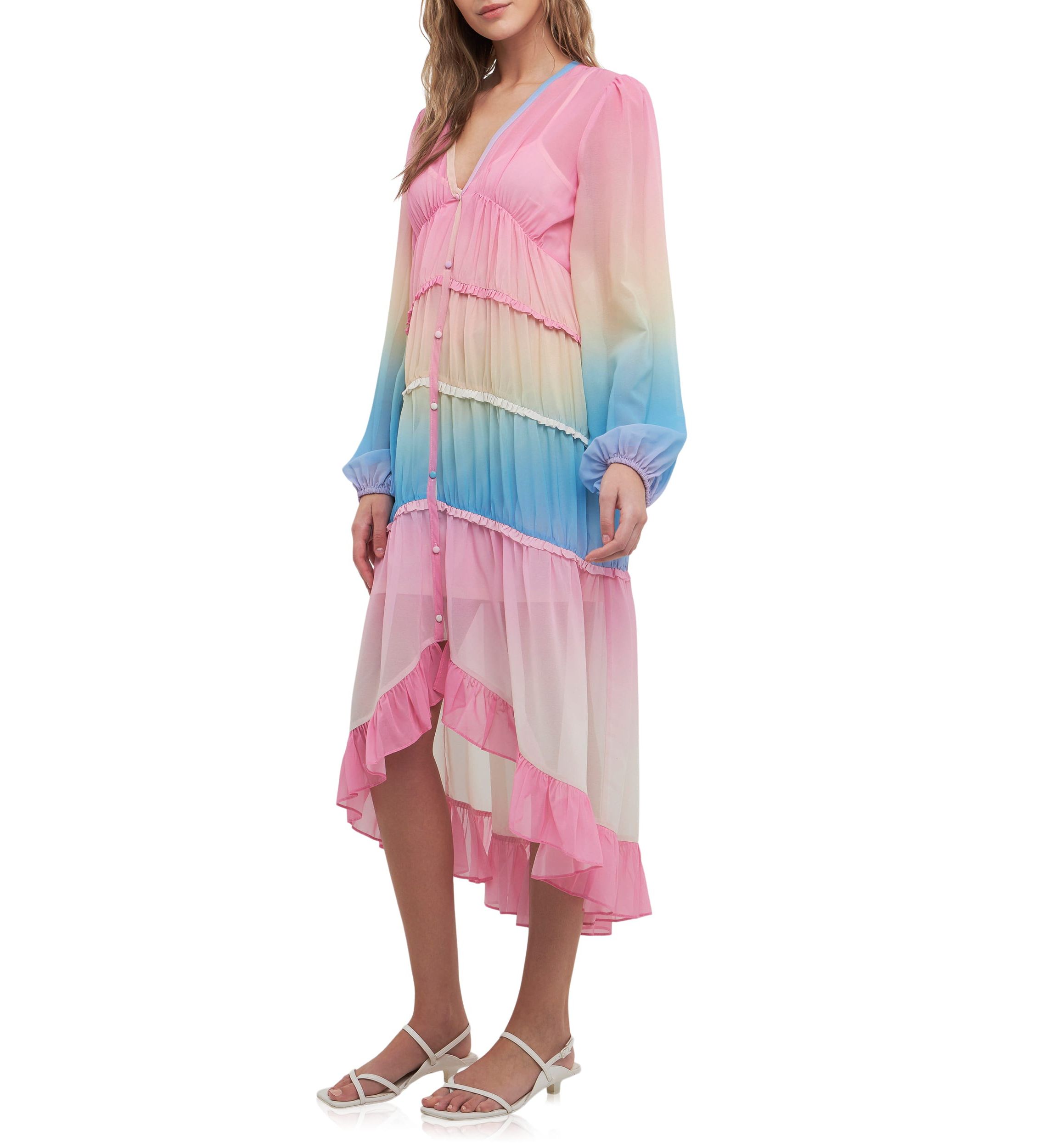 TIe Dye Print Ruffle High-Low Dress