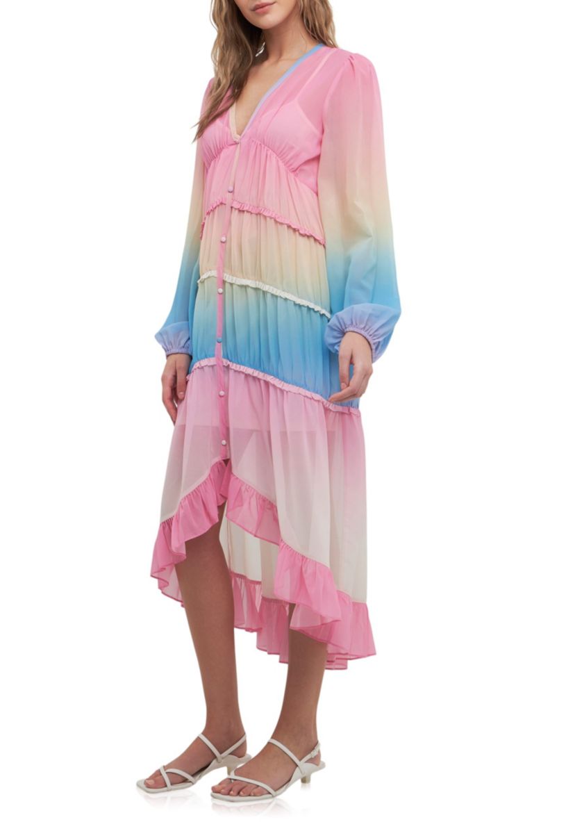 TIe Dye Print Ruffle High-Low Dress
