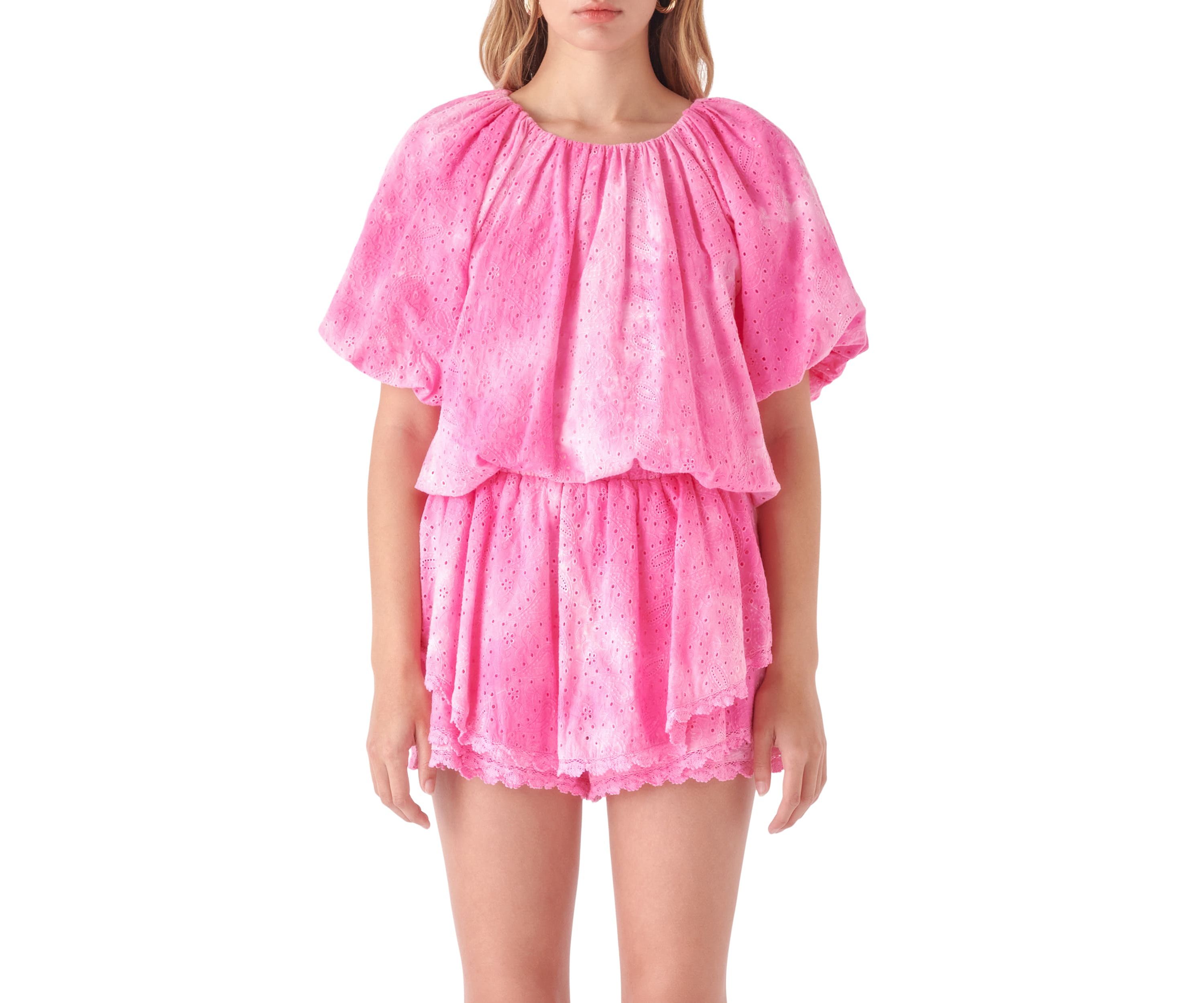 Paisely Eyelet Balloon Top with Tie-dye Effect