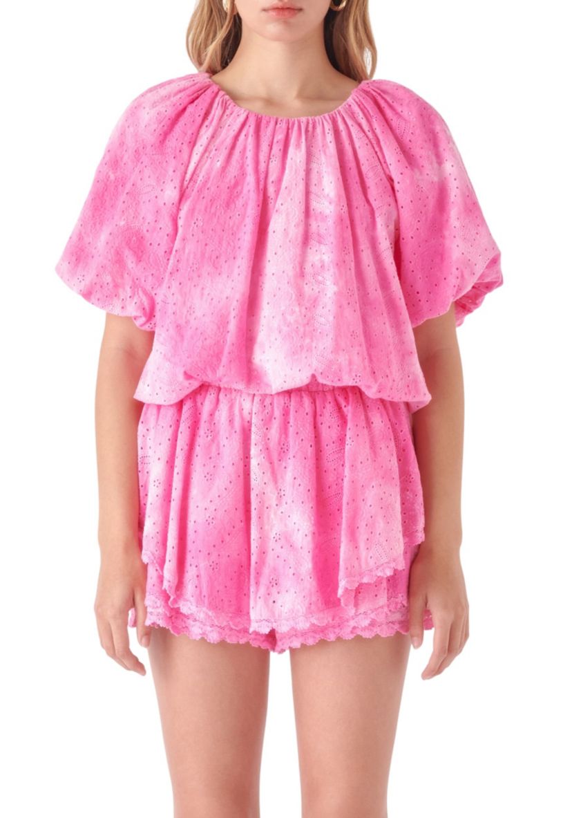Paisely Eyelet Balloon Top with Tie-dye Effect
