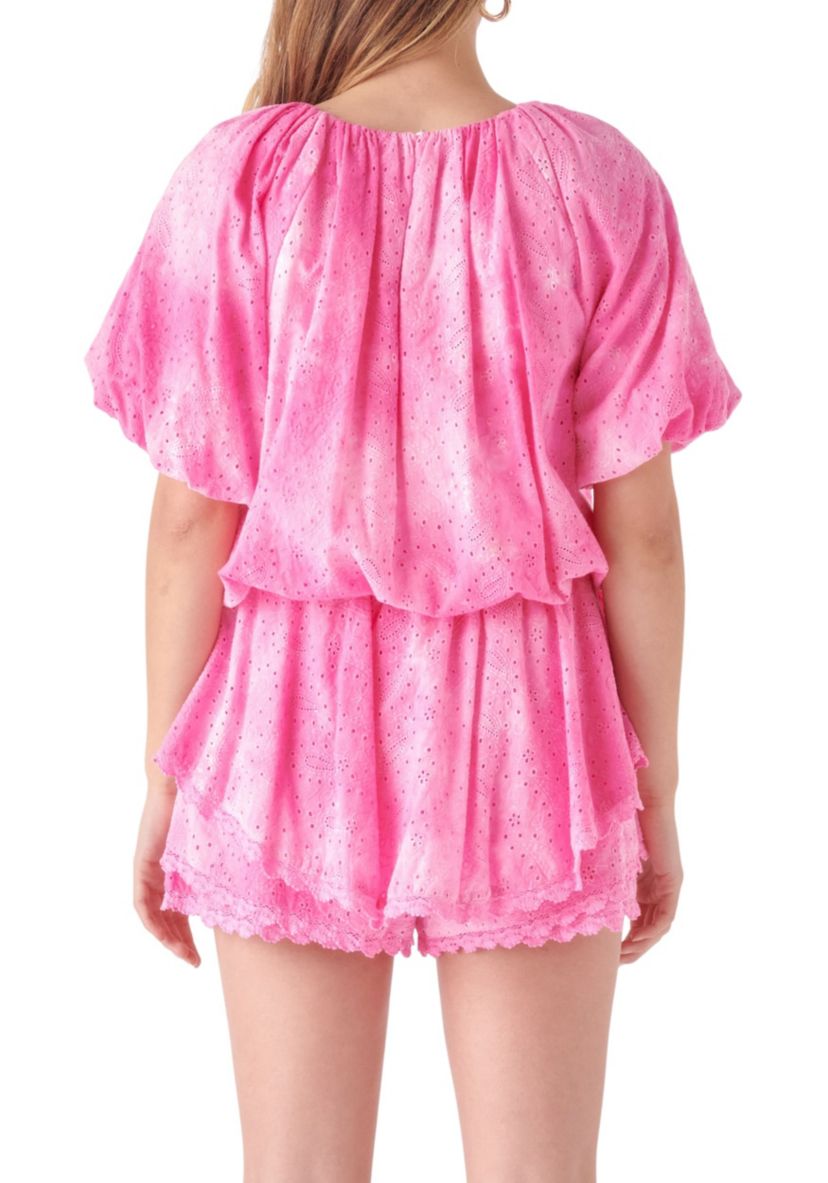 Paisely Eyelet Balloon Top with Tie-dye Effect