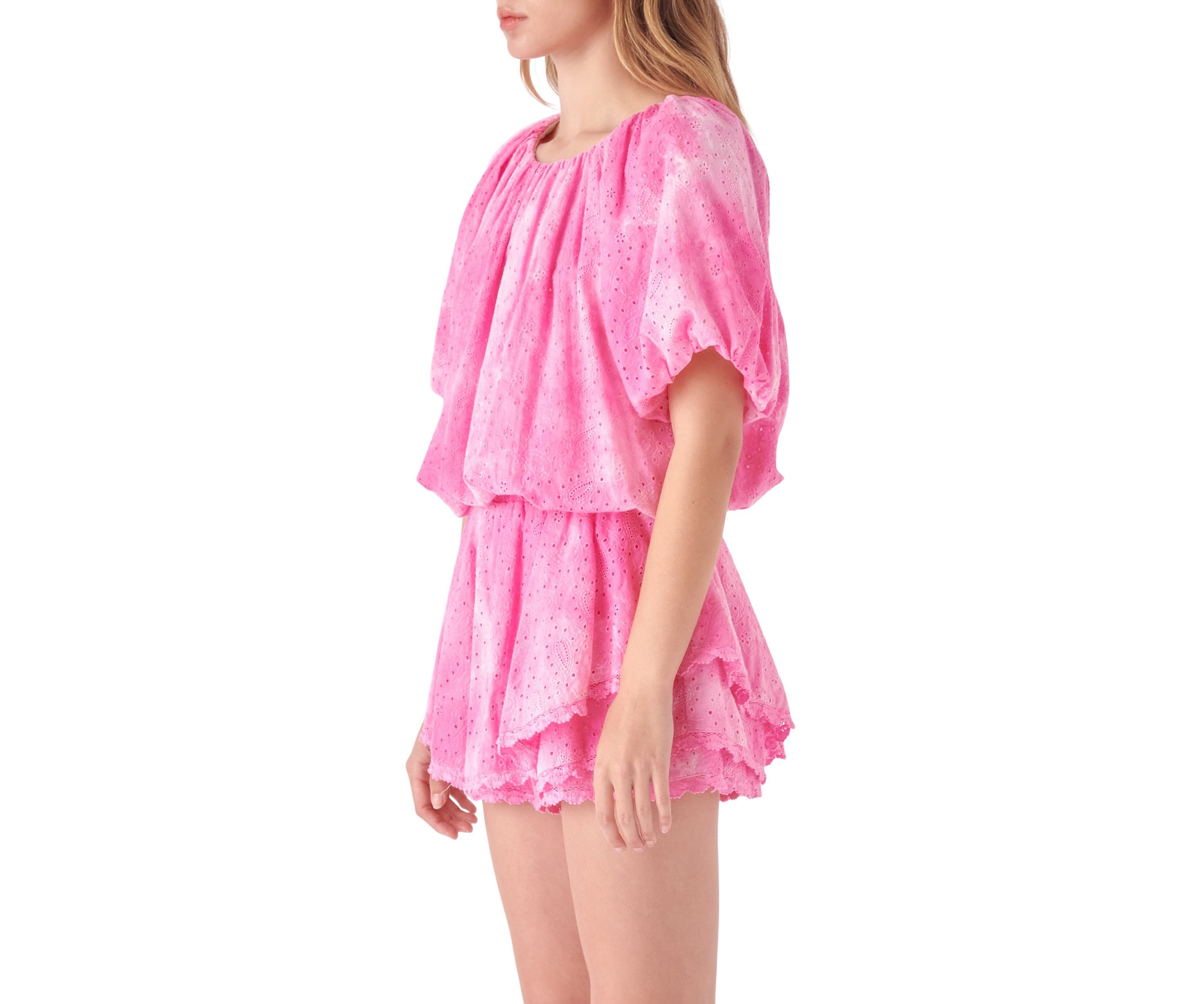 Paisely Eyelet Balloon Top with Tie-dye Effect