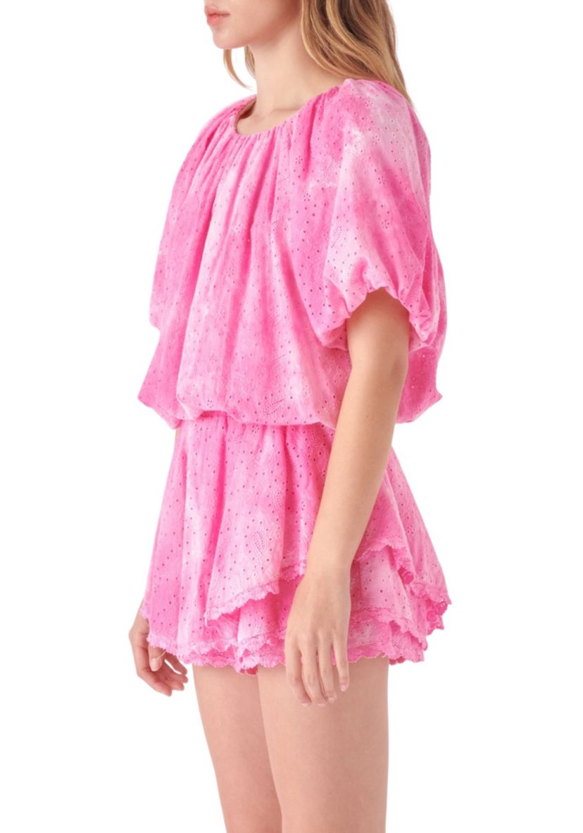Paisely Eyelet Balloon Top with Tie-dye Effect