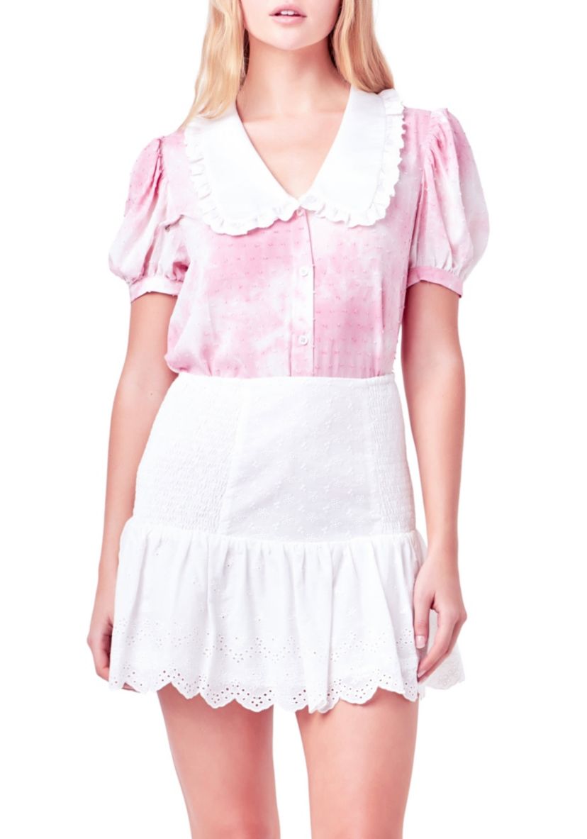 Swiss Dot Tie Dye Ruffle Collared Puff Sleeve Blouse