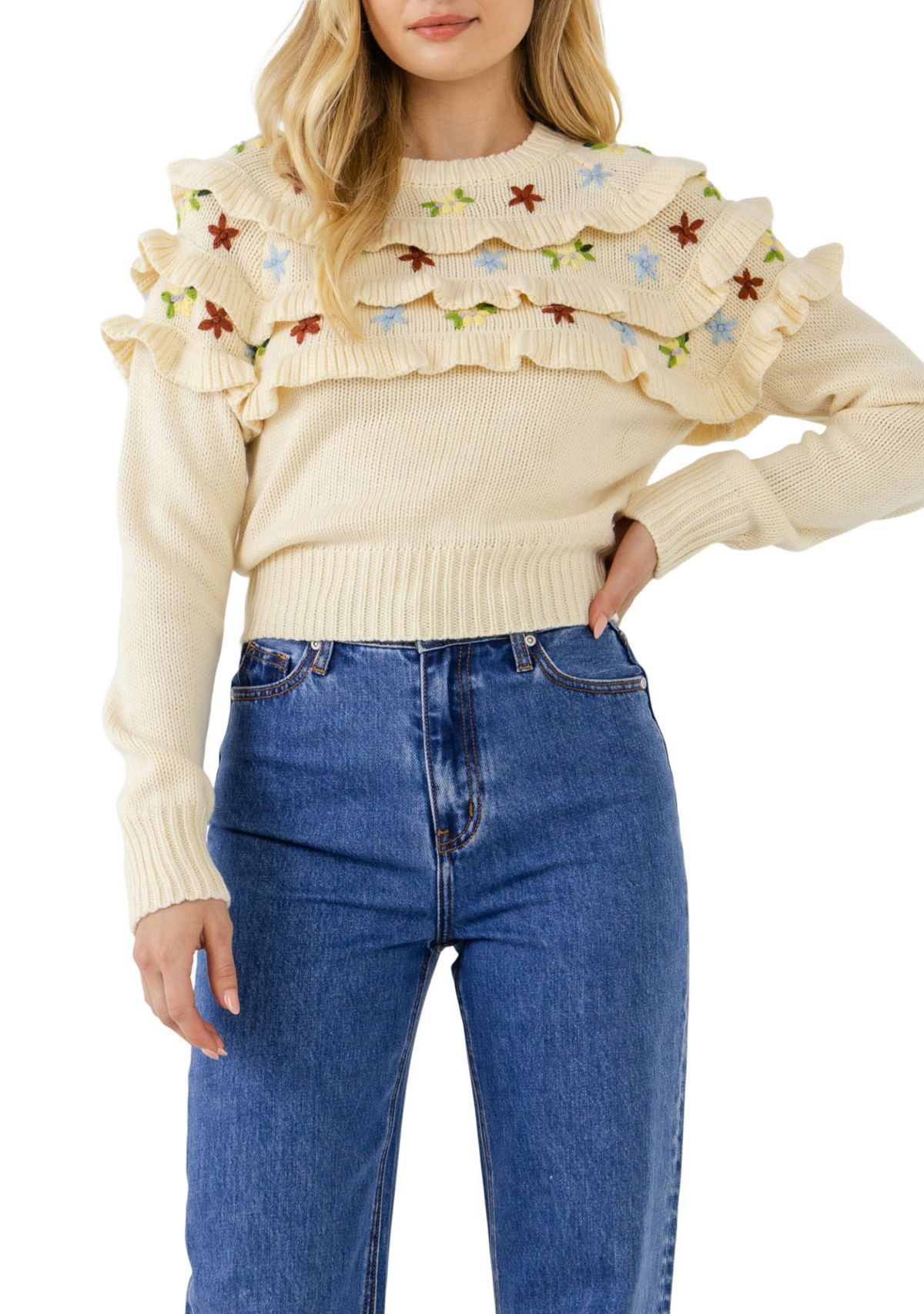 Floral Handmade Embroidery Ruffle Detail Sweater