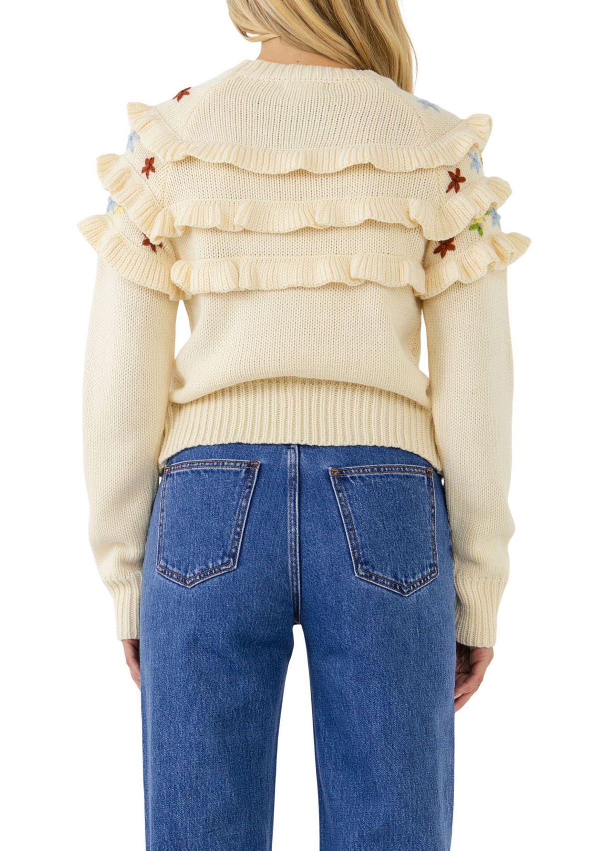 Floral Handmade Embroidery Ruffle Detail Sweater