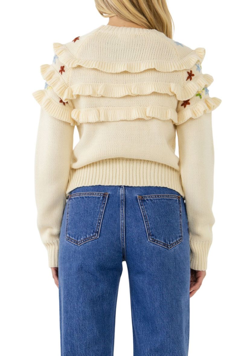 Floral Handmade Embroidery Ruffle Detail Sweater