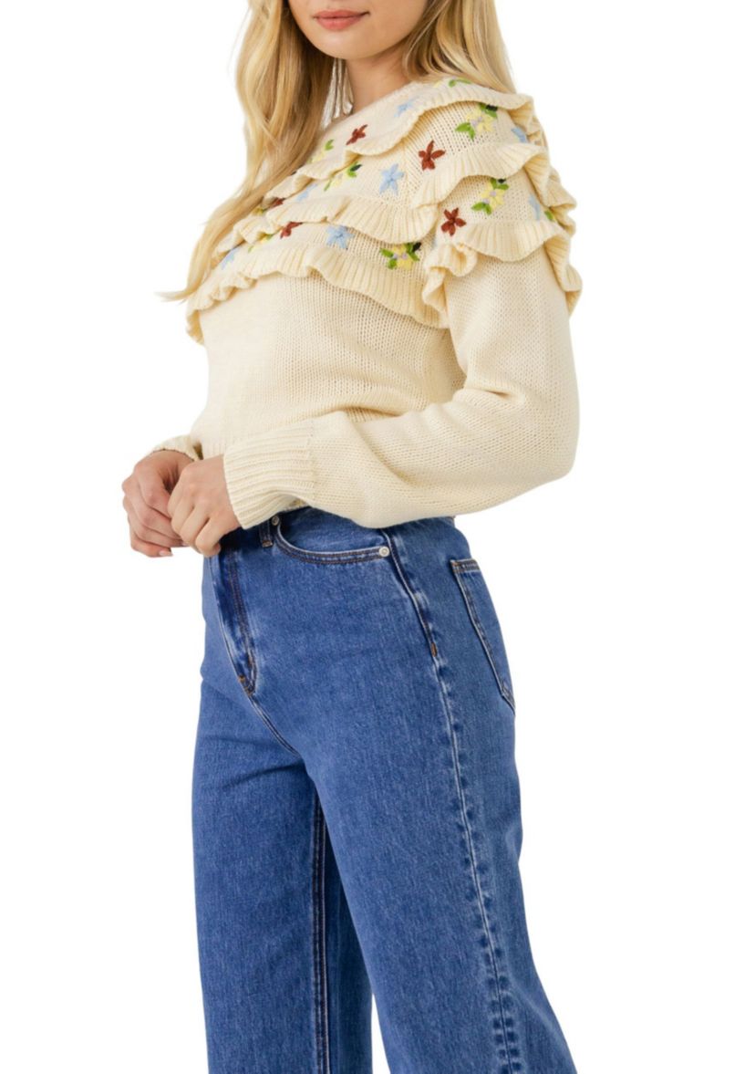 Floral Handmade Embroidery Ruffle Detail Sweater