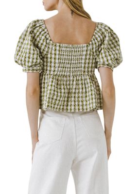Gingham Check Top with Emboridery
