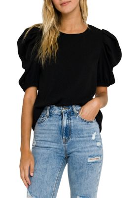 ENGLISH FACTORY Women's Pleated Puff Sleeve Top, Black, XS