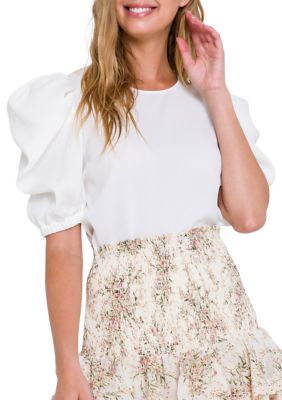 ENGLISH FACTORY Women's Pleated Puff Sleeve Top, White, Large