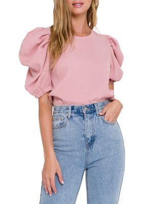 ENGLISH FACTORY Women's Pleated Puff Sleeve Top, Pink, XS