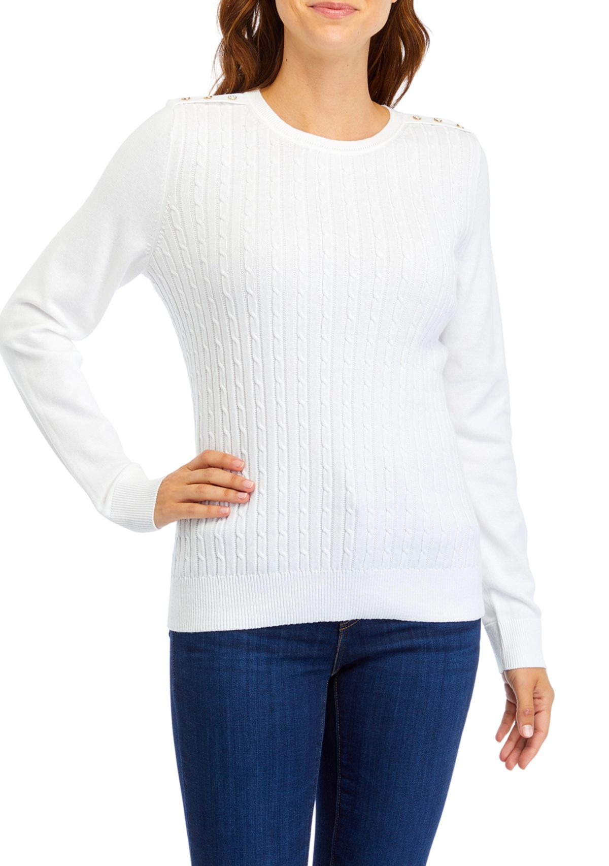 Womens Long Sleeve Cable Knit Button Trim Sweater 