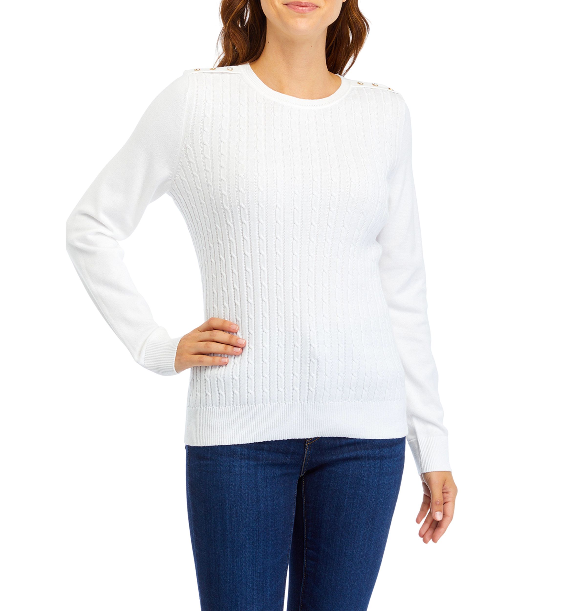 Womens Long Sleeve Cable Knit Button Trim Sweater 