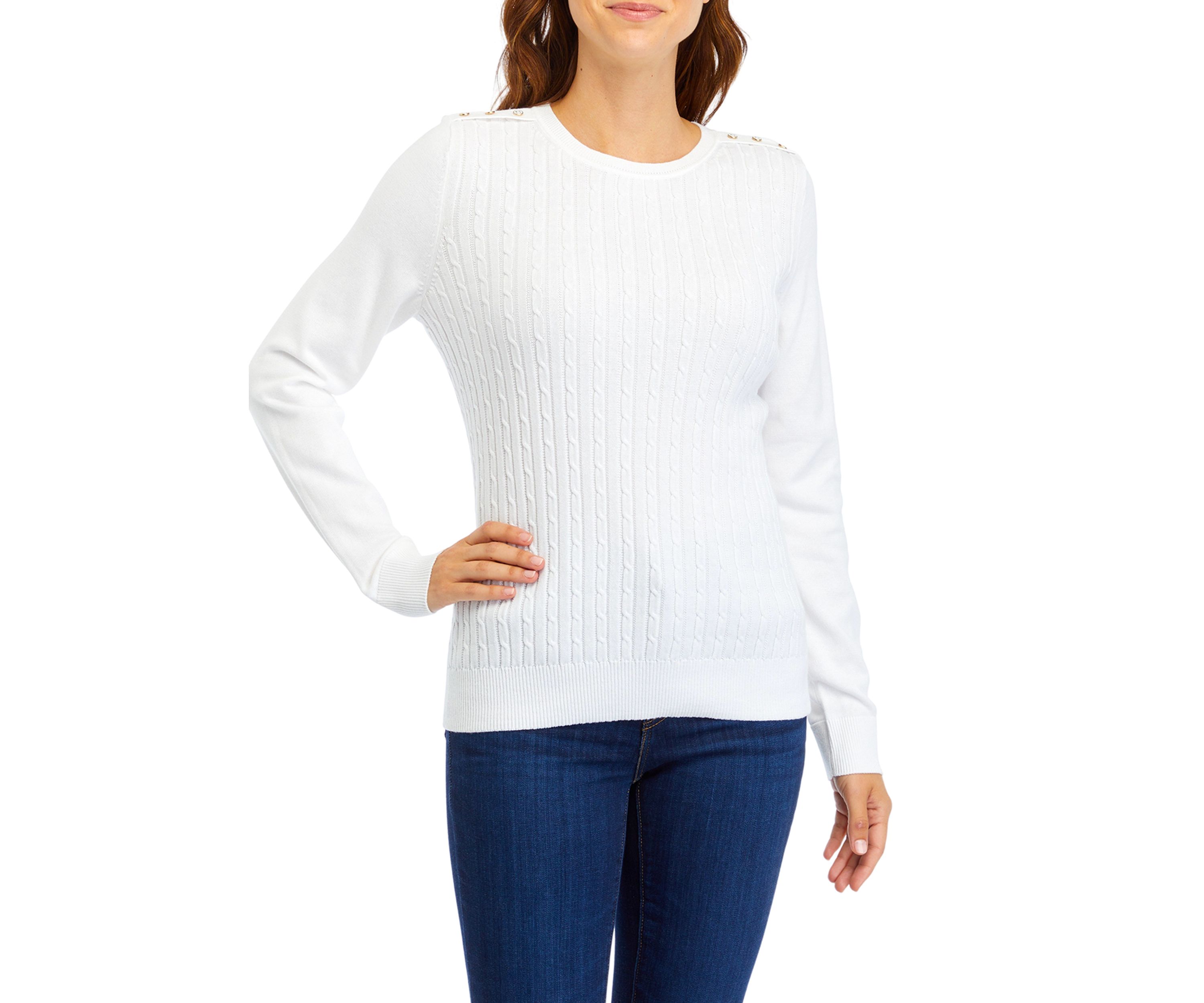 Womens Long Sleeve Cable Knit Button Trim Sweater 