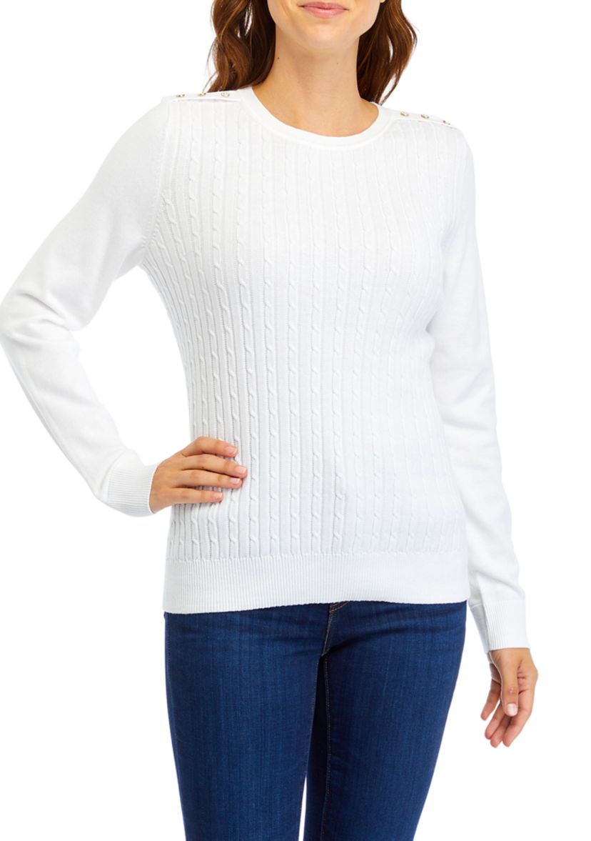 Womens Long Sleeve Cable Knit Button Trim Sweater 
