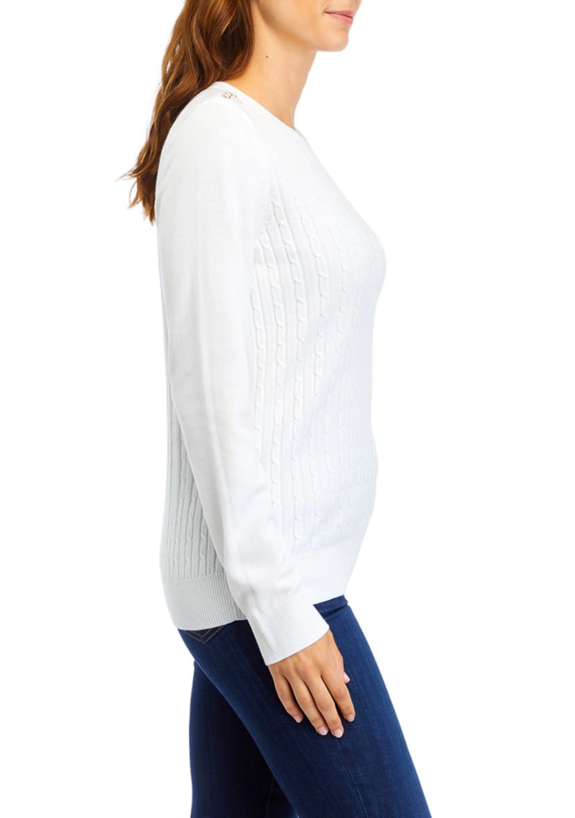 Womens Long Sleeve Cable Knit Button Trim Sweater 