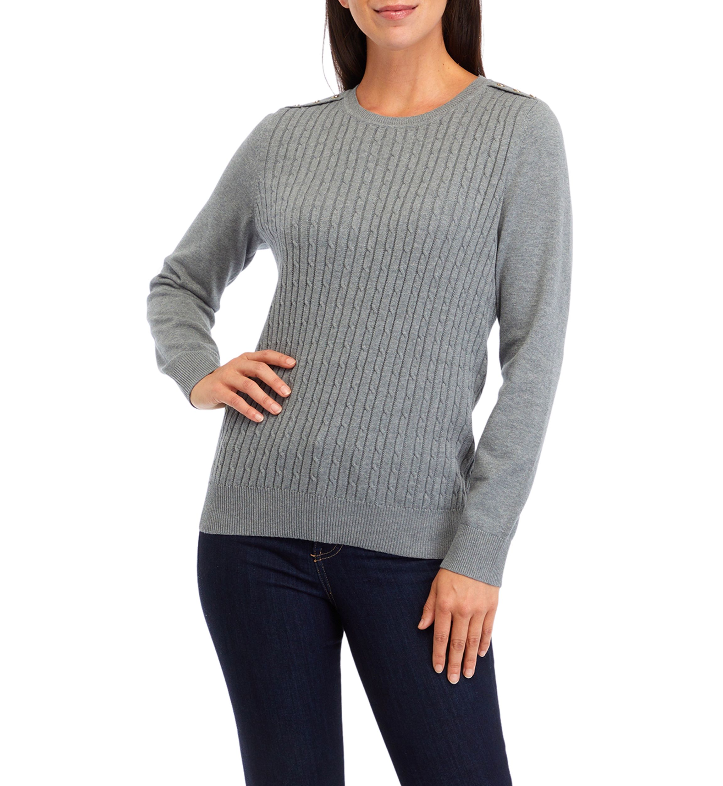   Womens Long Sleeve Cable Knit Button Trim Sweater 