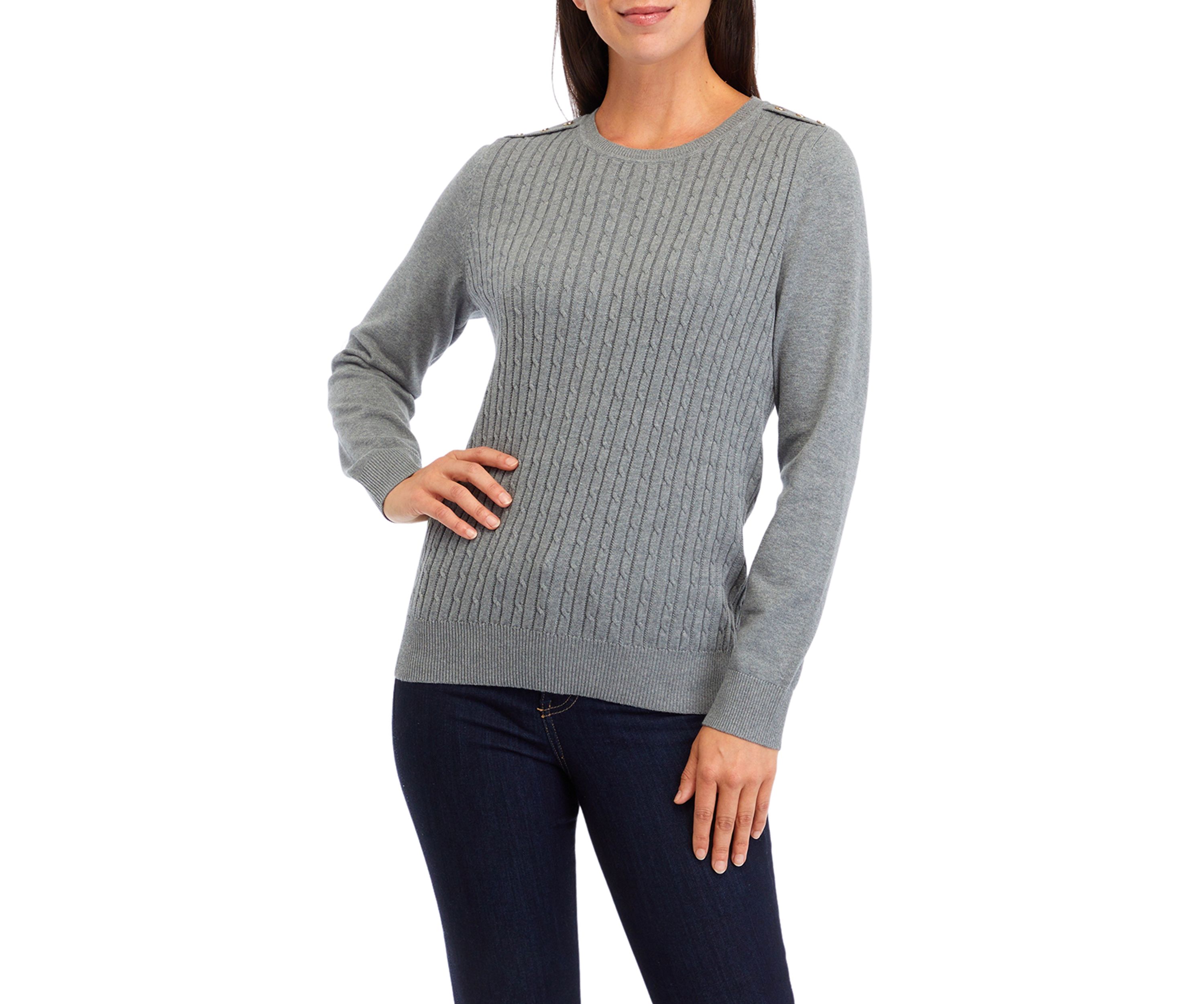  Womens Long Sleeve Cable Knit Button Trim Sweater 