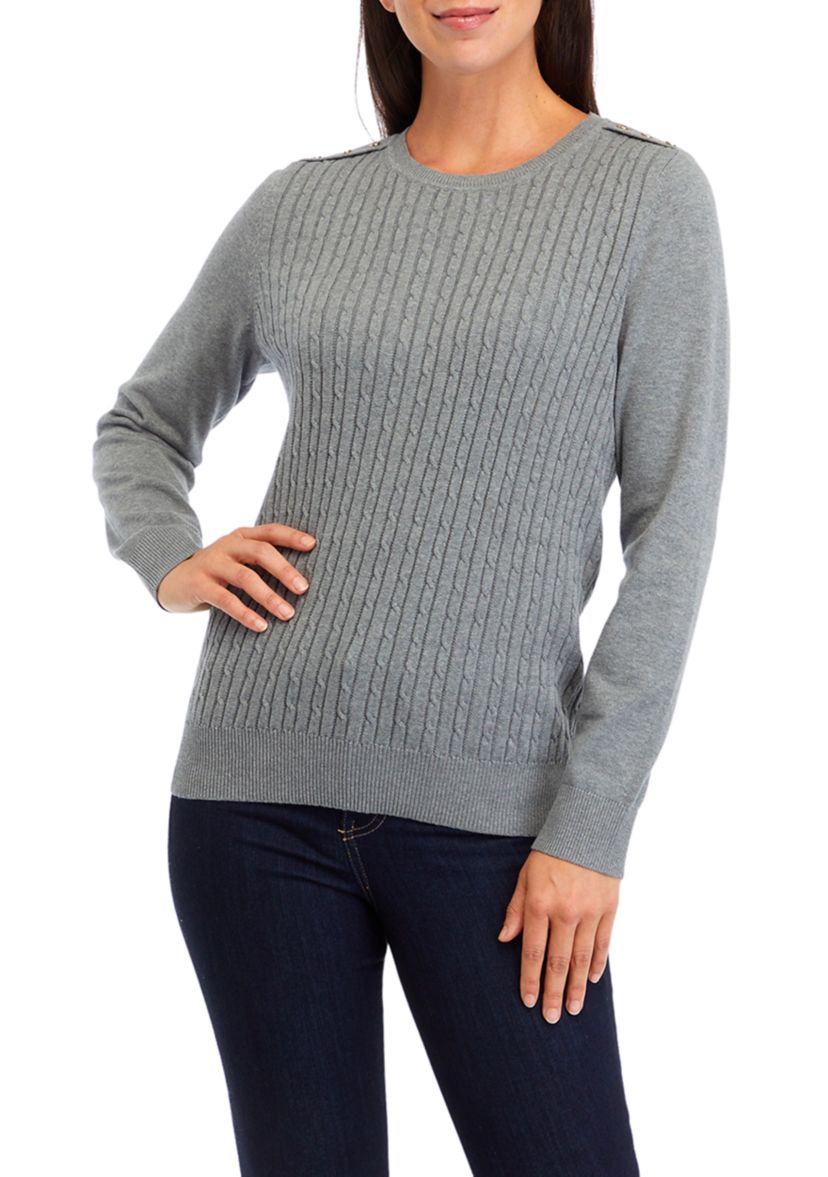   Womens Long Sleeve Cable Knit Button Trim Sweater 
