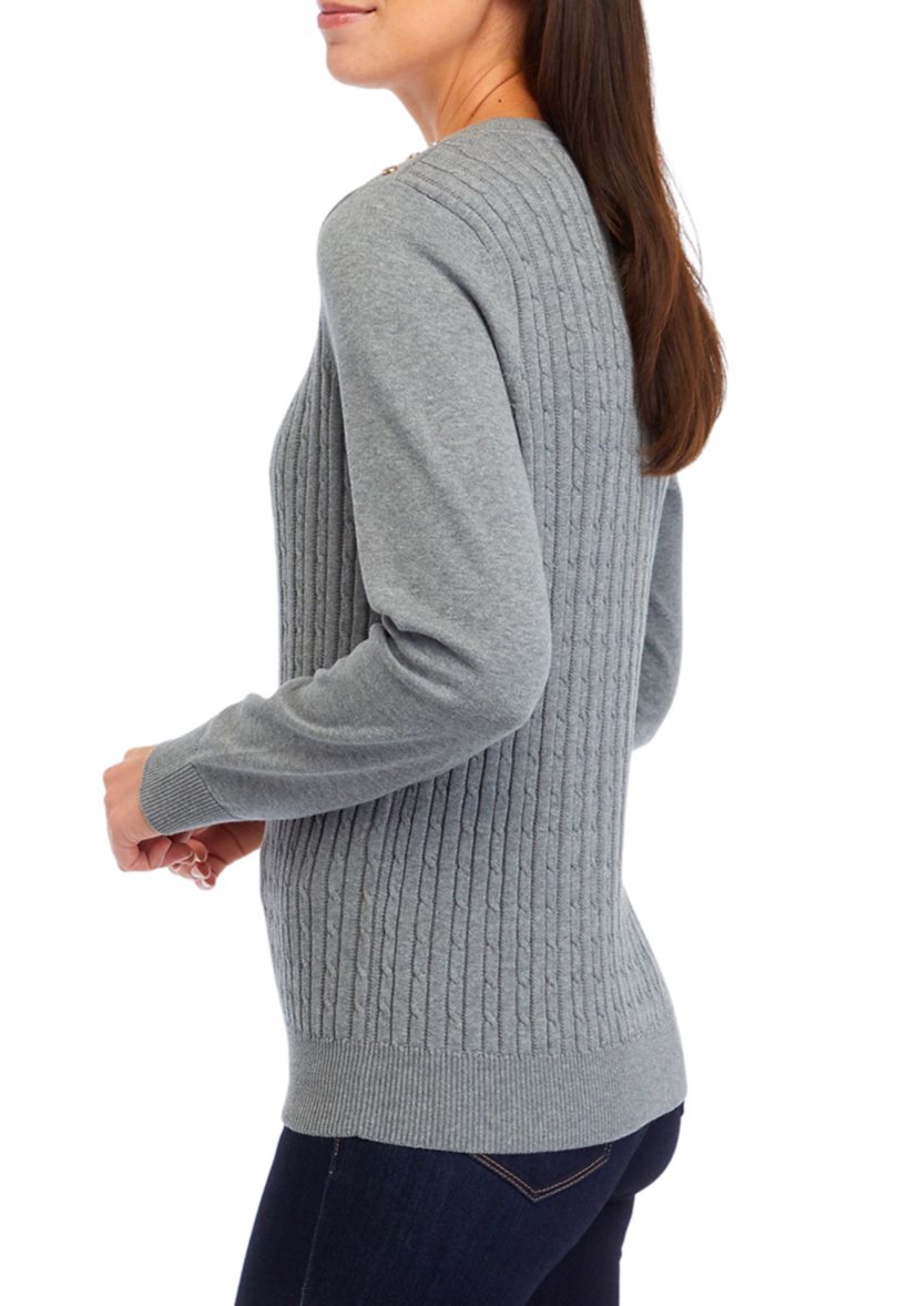   Womens Long Sleeve Cable Knit Button Trim Sweater 