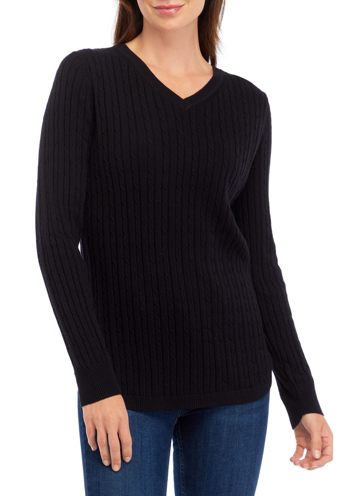 Womens Long Sleeve V-Neck Cable Sweater 
