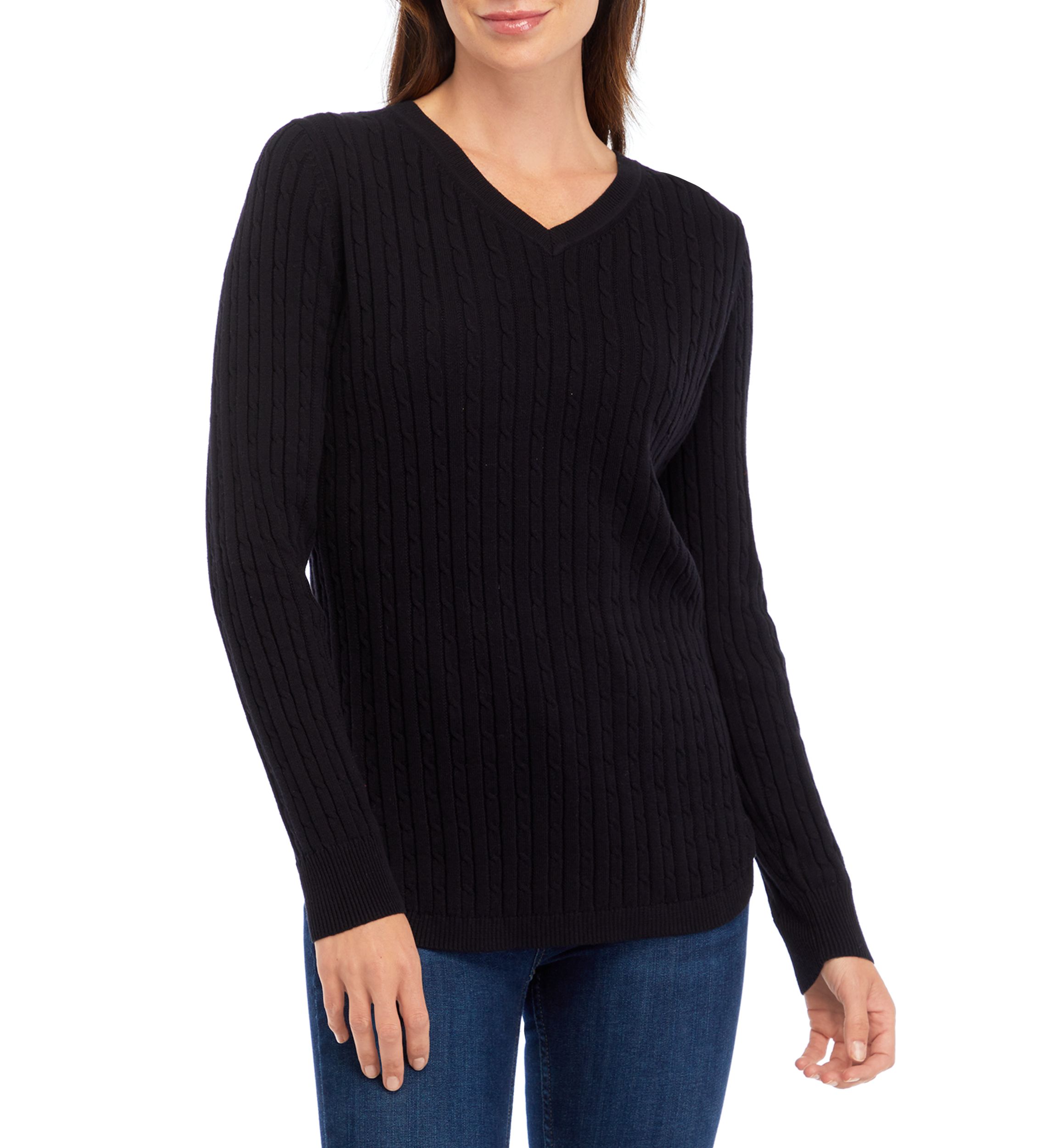 Womens Long Sleeve V-Neck Cable Sweater 