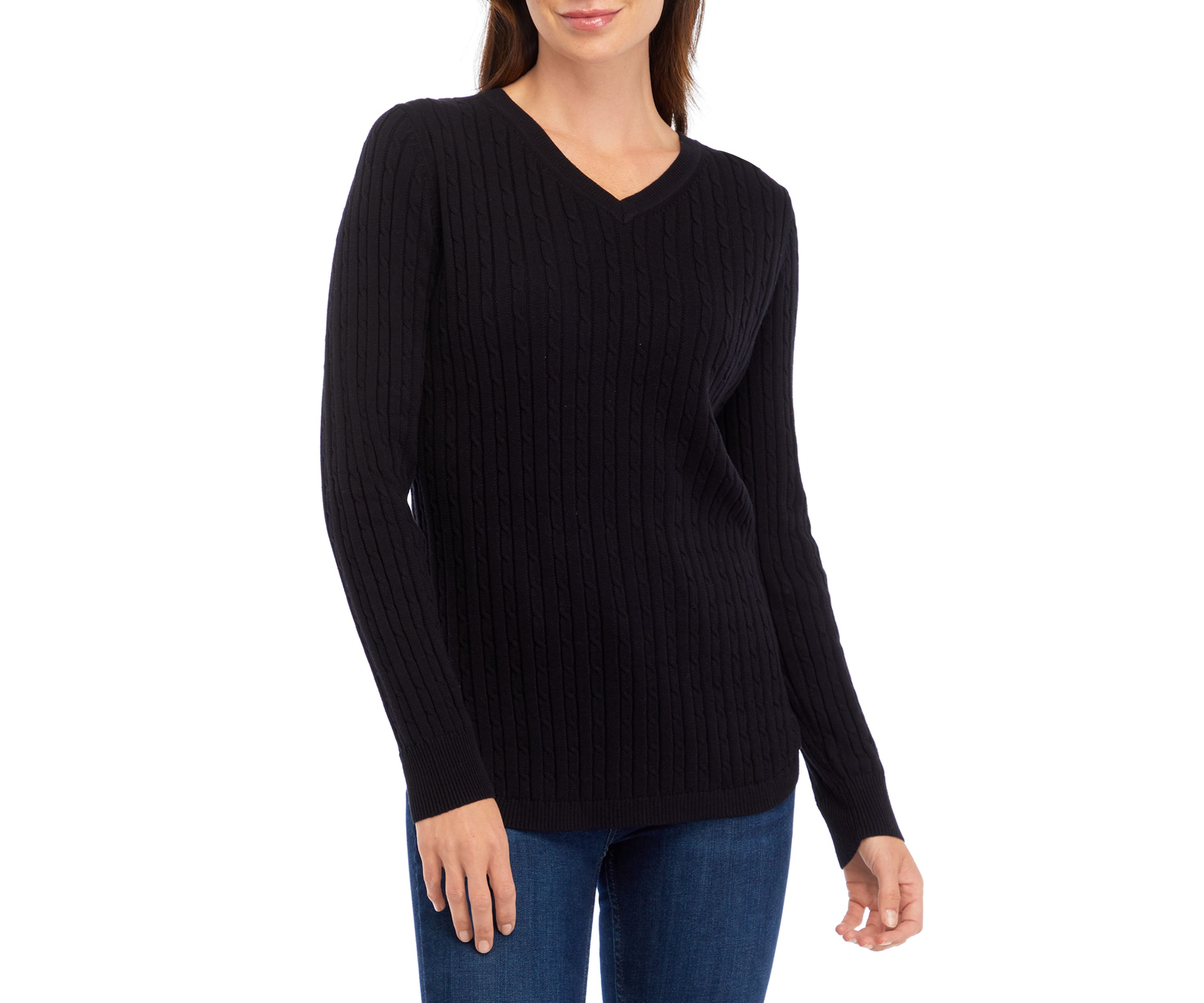 Womens Long Sleeve V-Neck Cable Sweater 