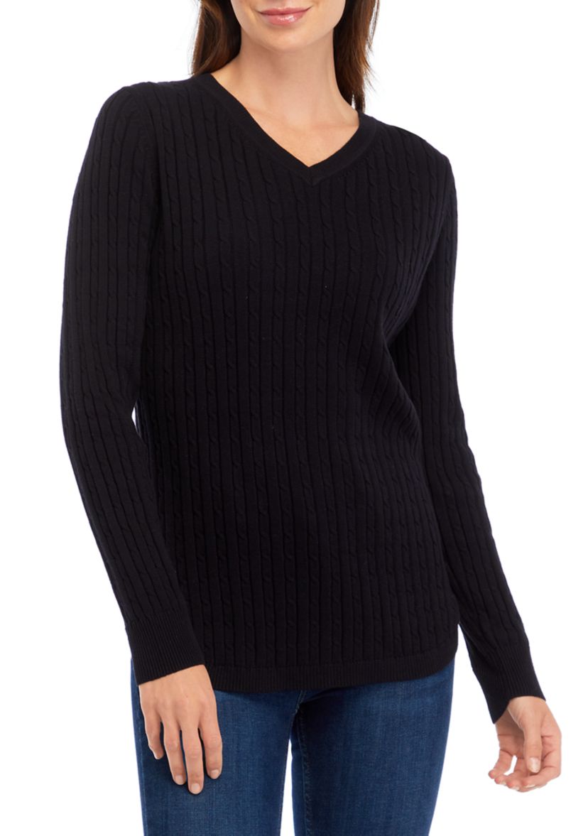 Womens Long Sleeve V-Neck Cable Sweater 