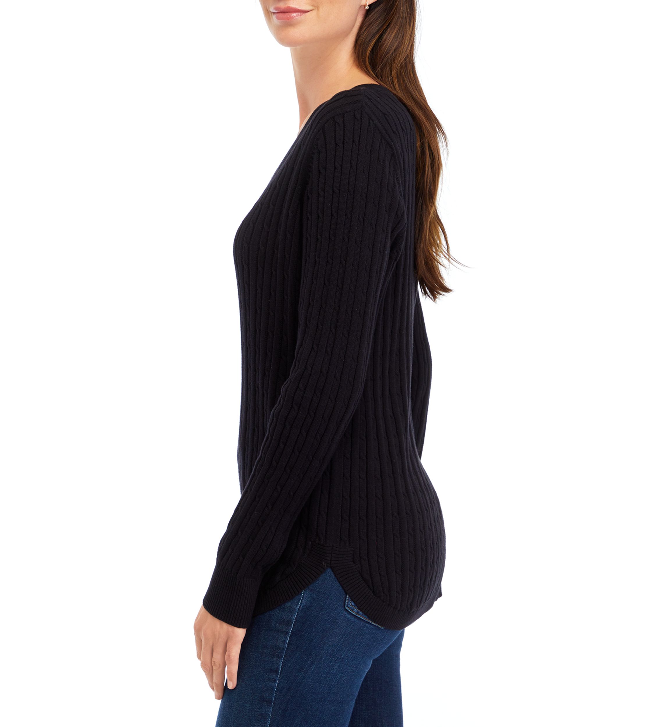 Womens Long Sleeve V-Neck Cable Sweater 