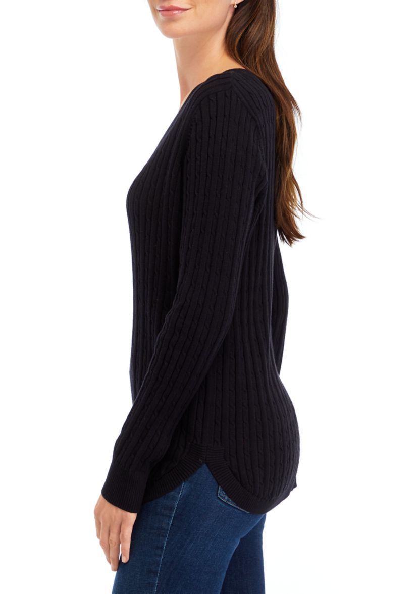 Womens Long Sleeve V-Neck Cable Sweater 