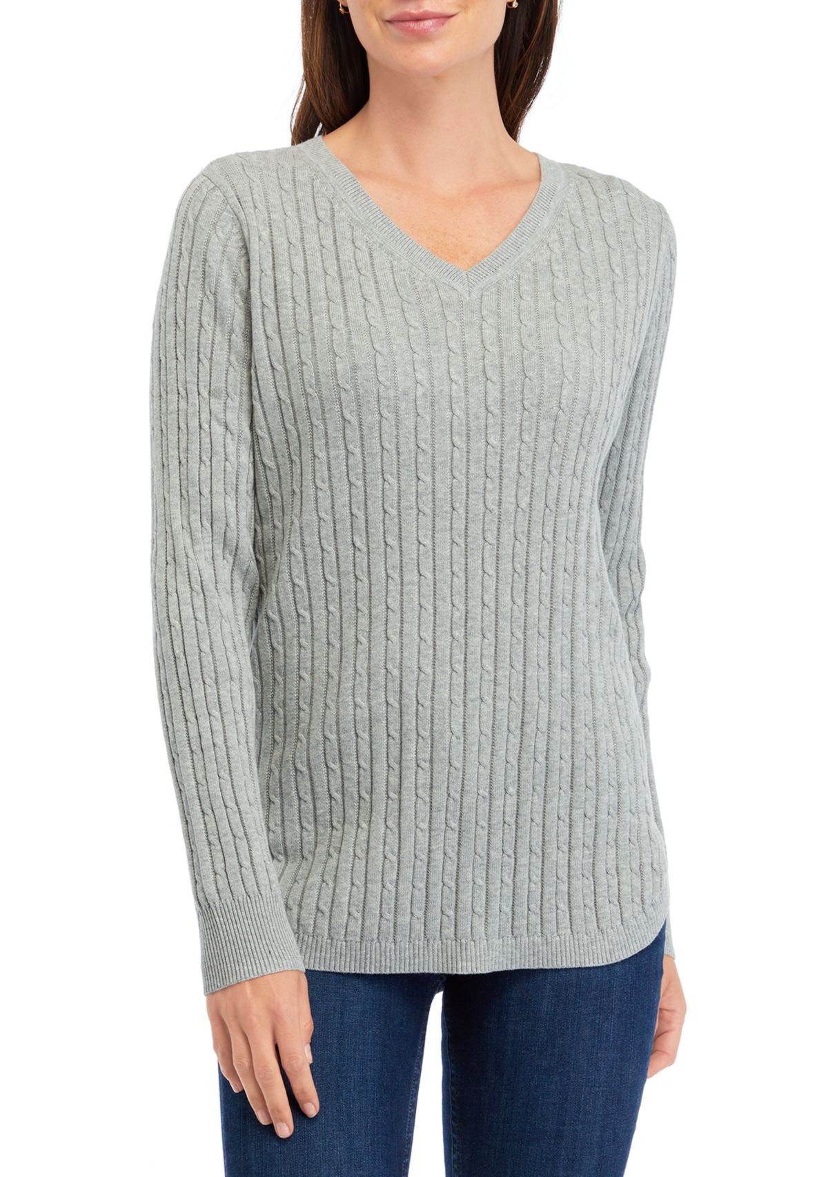   Womens Long Sleeve V-Neck Cable Sweater 