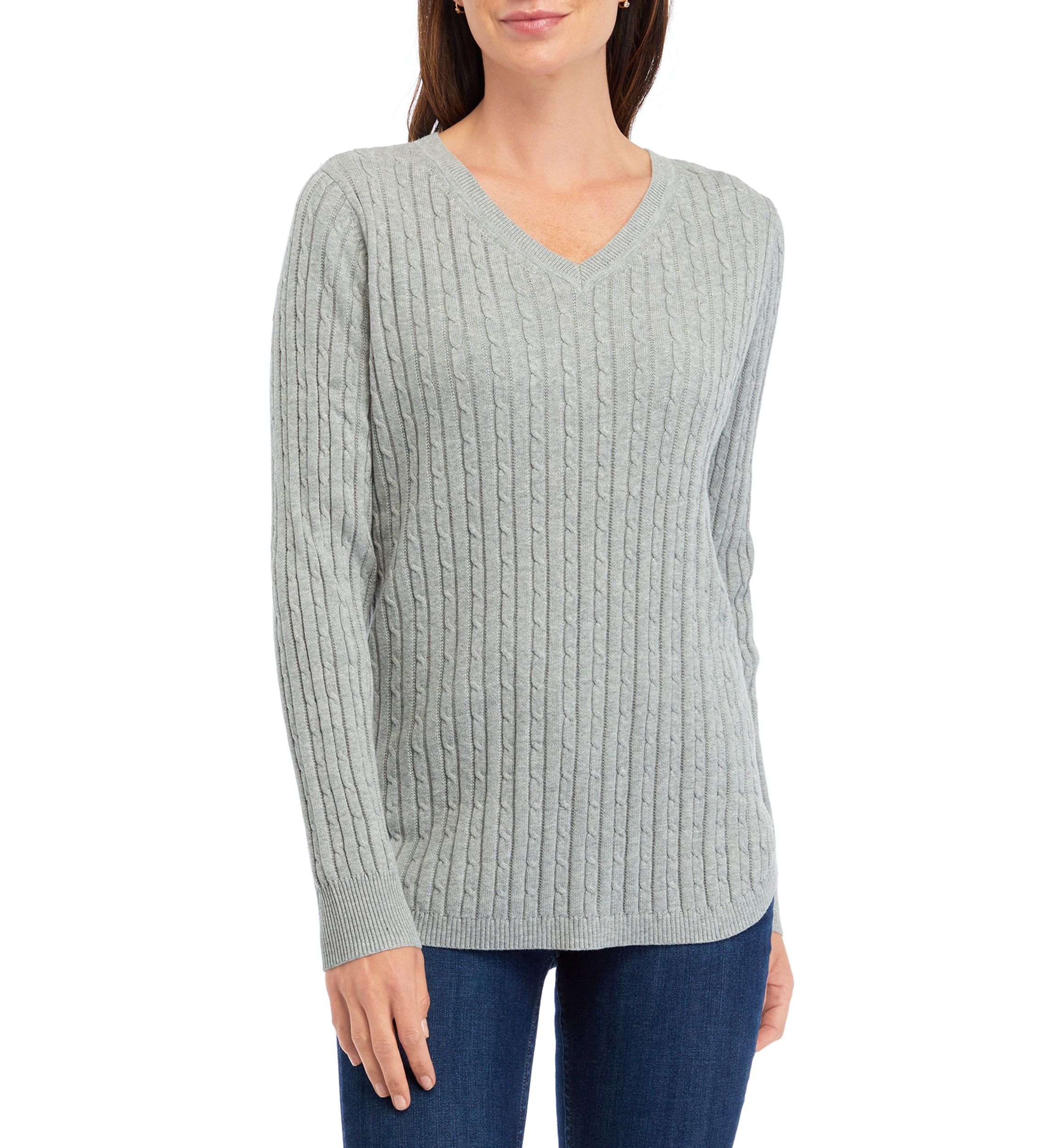   Womens Long Sleeve V-Neck Cable Sweater 