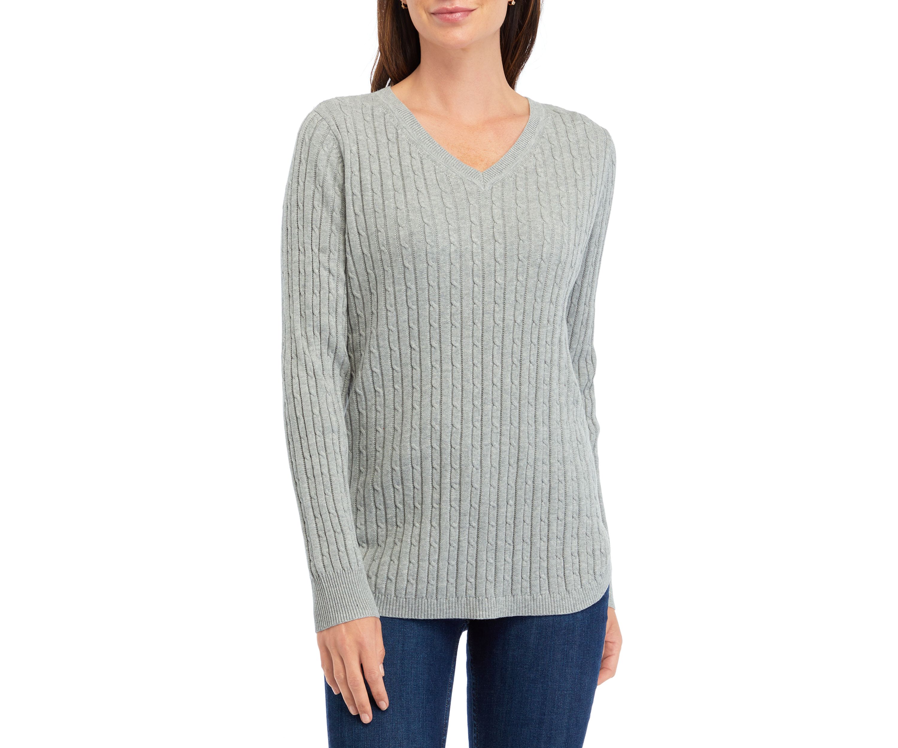   Womens Long Sleeve V-Neck Cable Sweater 