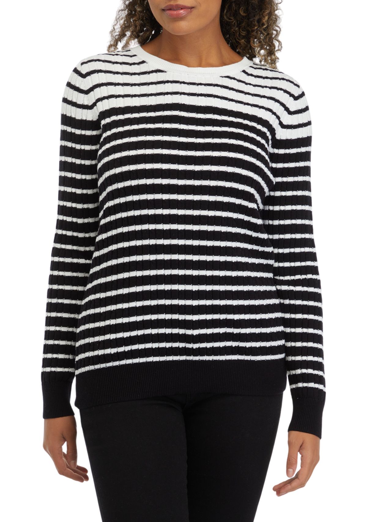 Womens Striped Cable Crew Sweater 