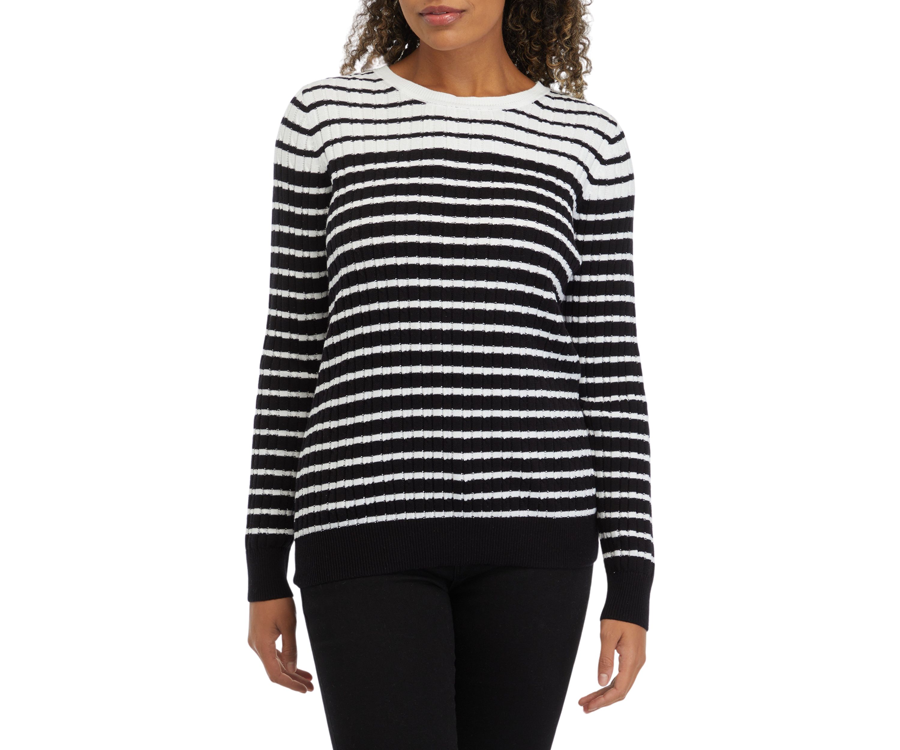 Womens Striped Cable Crew Sweater 