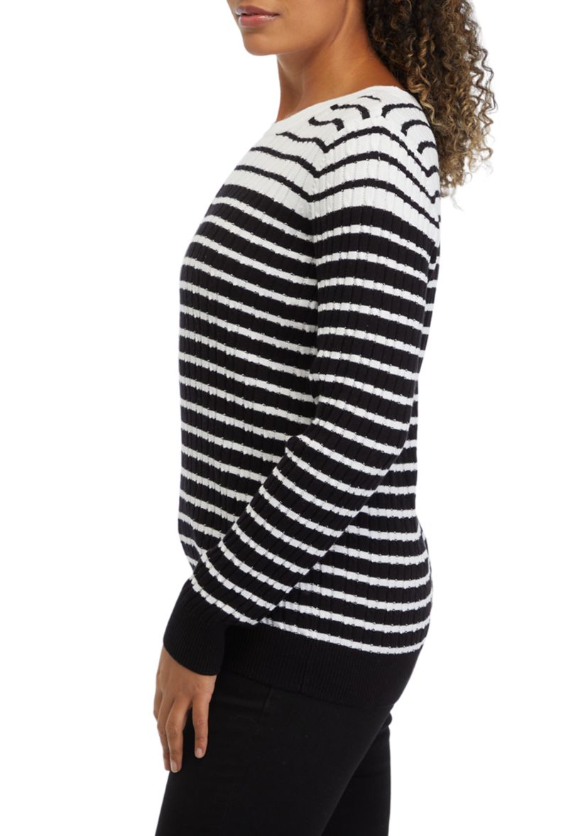 Womens Striped Cable Crew Sweater 