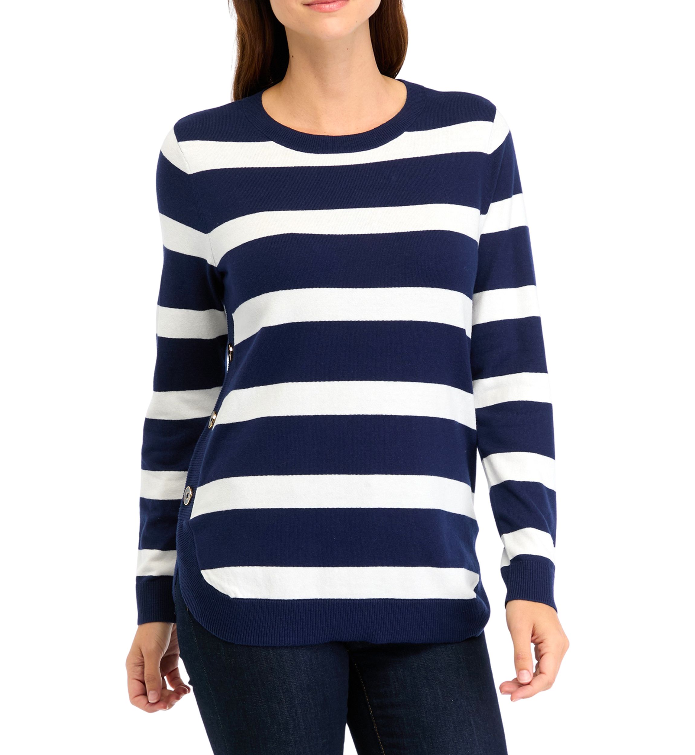 Womens Button Trim Striped Sweater