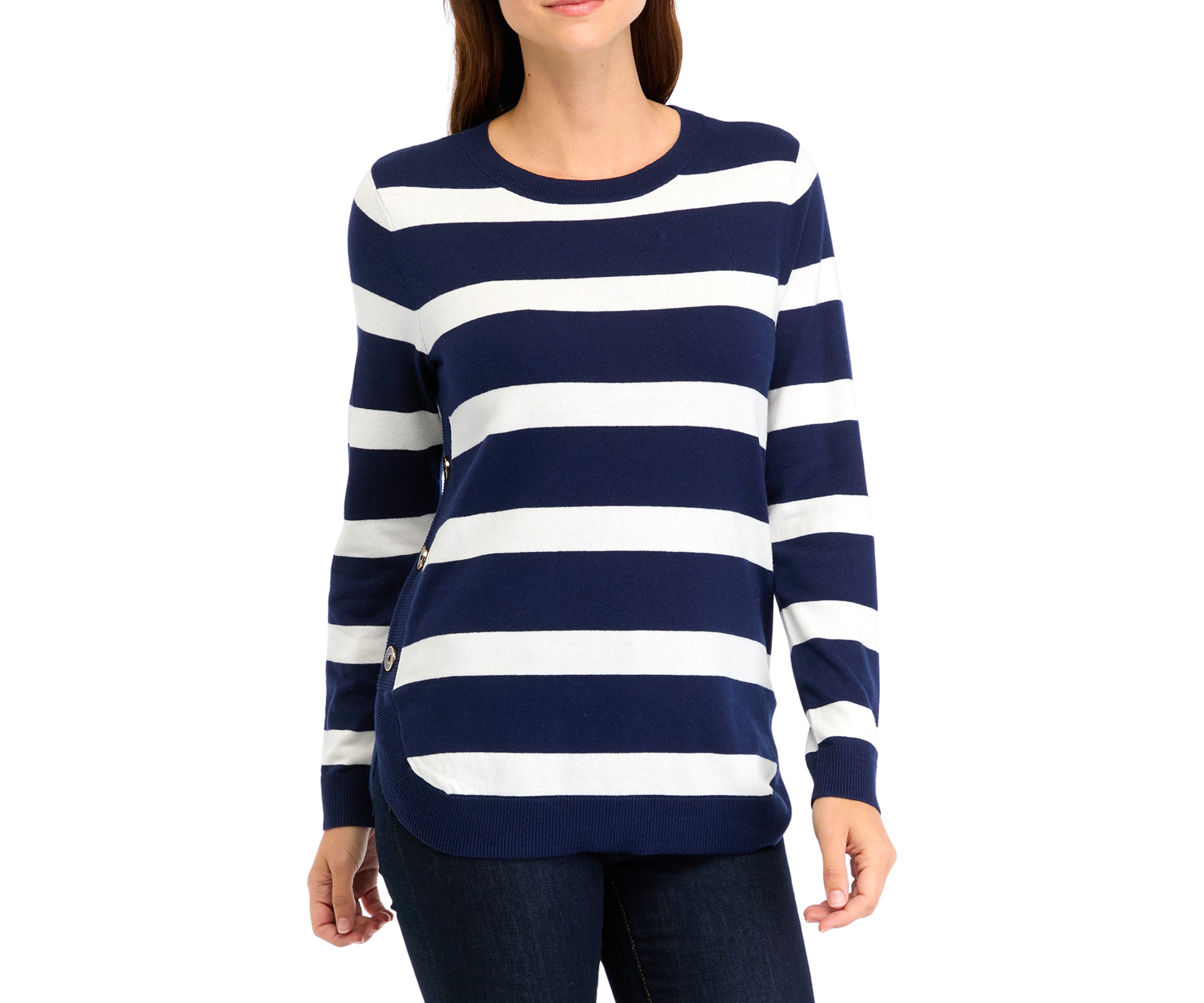 Womens Button Trim Striped Sweater
