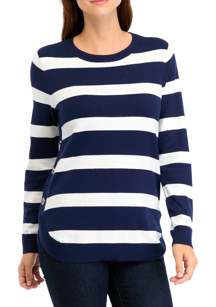 Womens Button Trim Striped Sweater