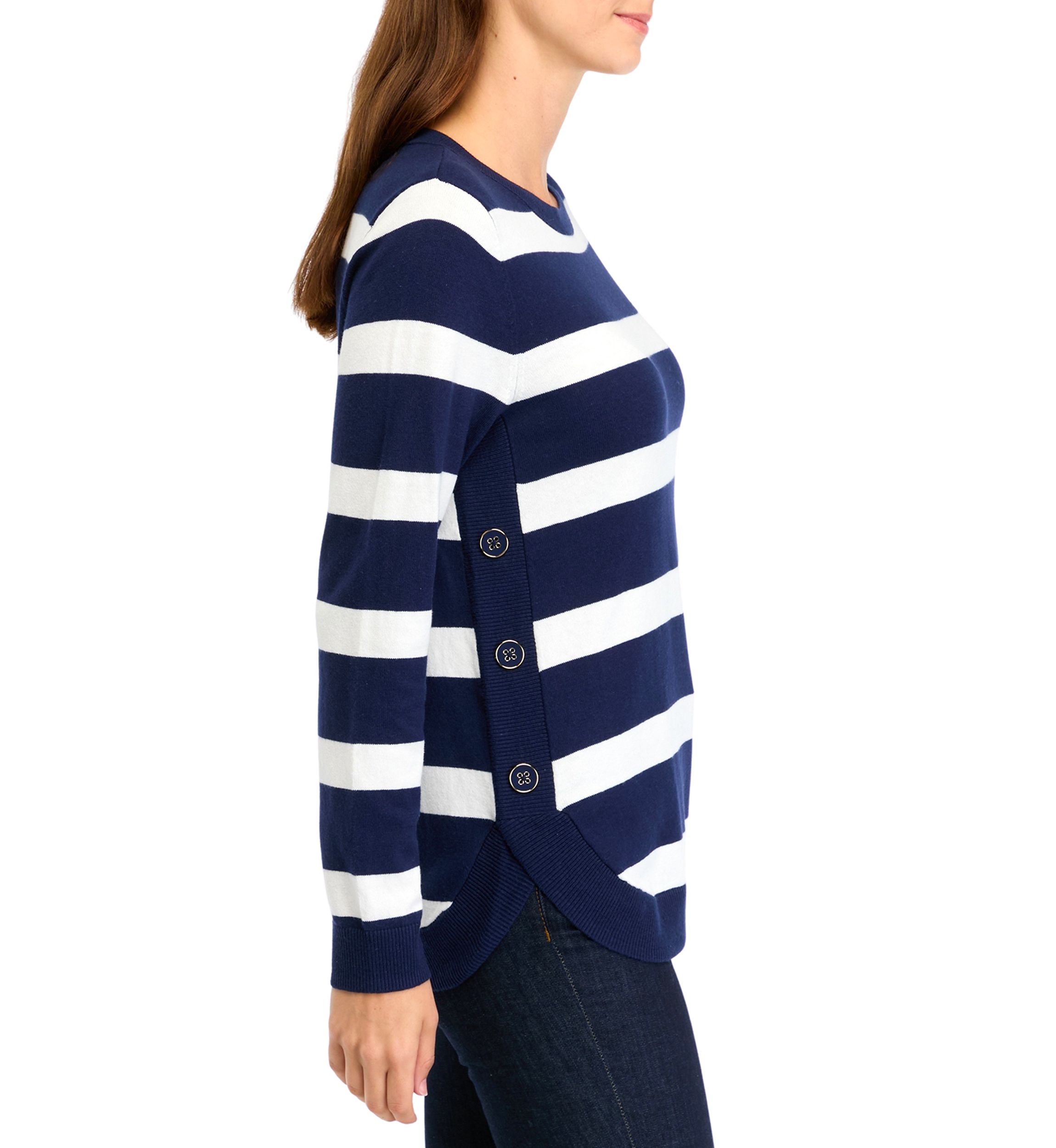 Womens Button Trim Striped Sweater