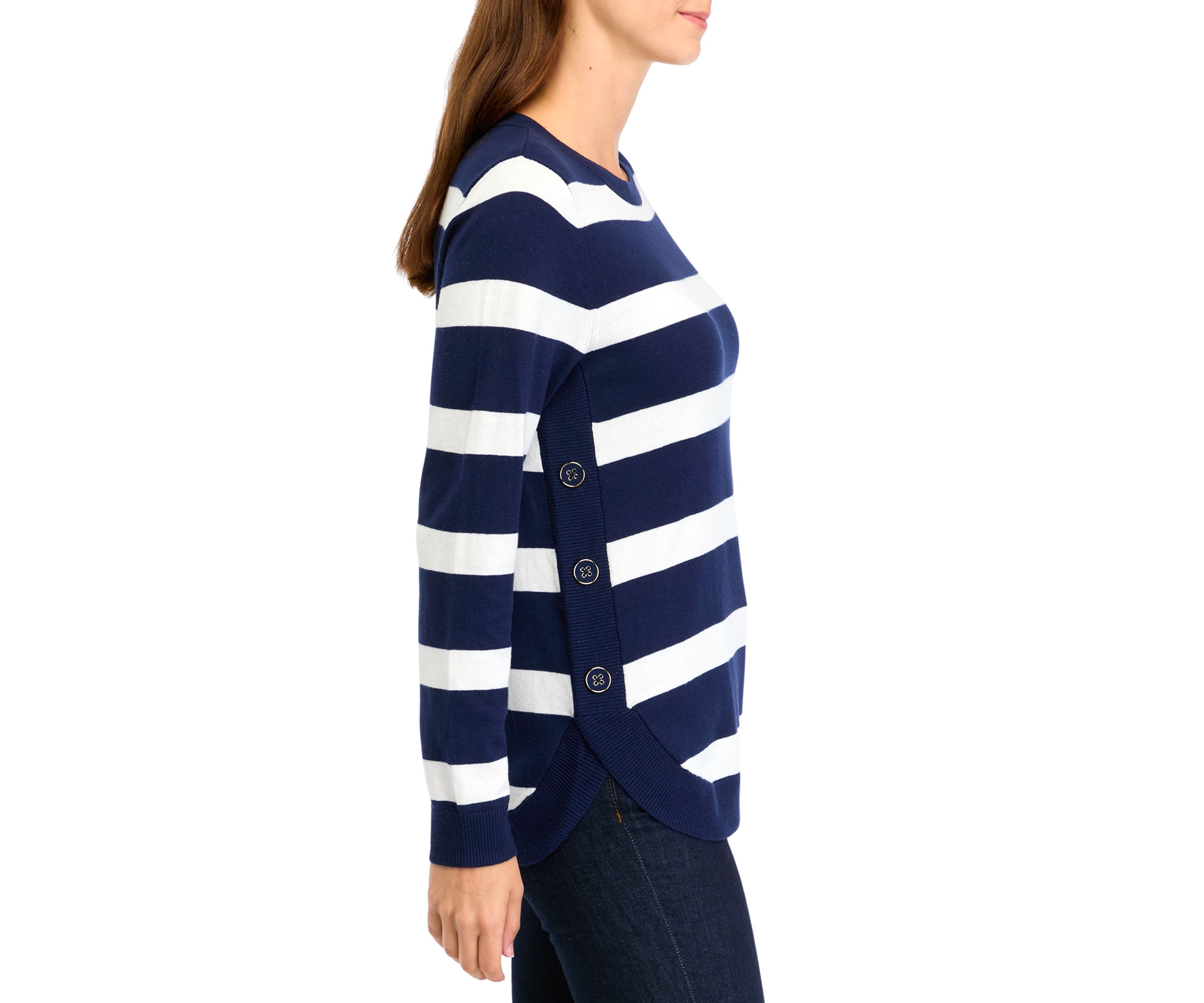 Womens Button Trim Striped Sweater