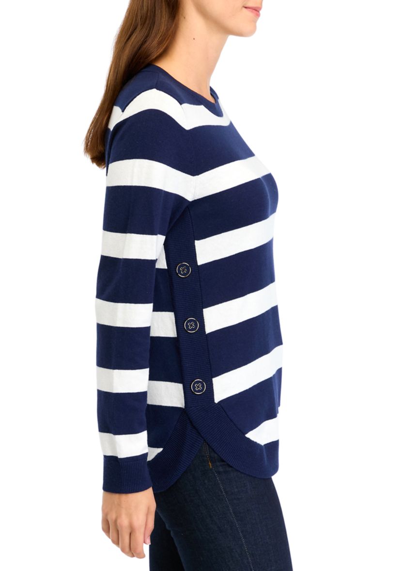 Womens Button Trim Striped Sweater