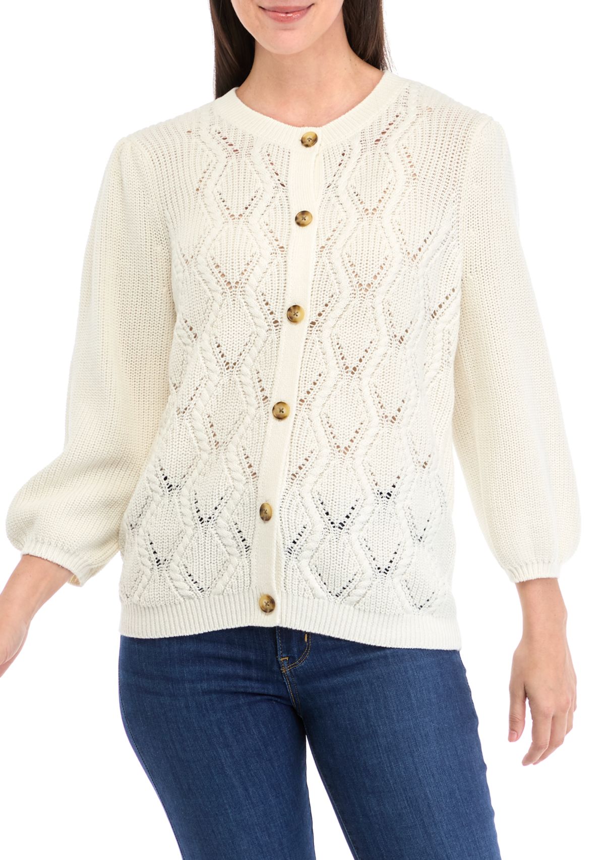 Womens 3/4 Sleeve Cable Knit Cardigan