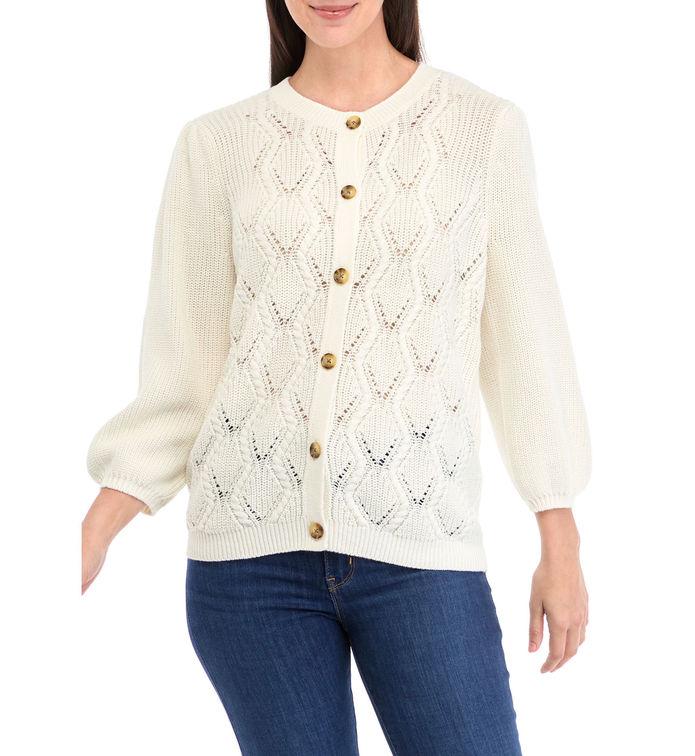 Womens 3/4 Sleeve Cable Knit Cardigan